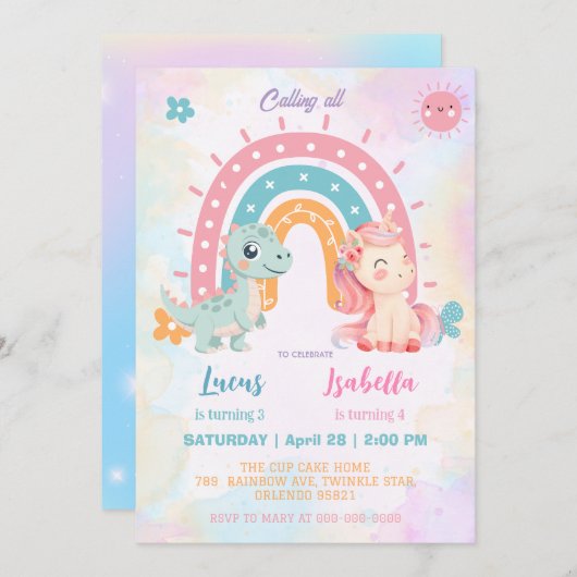 ピンクかわいいユニコーン恐竜の虹の誕生日パーティー 招待状 (正面/裏面)