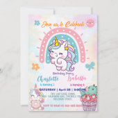 ピンクかわいいユニコーン恐竜の虹の誕生日パーティー 招待状 (正面)