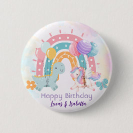 ピンクかわいいユニコーン恐竜の虹の誕生日パーティー 缶バッジ
