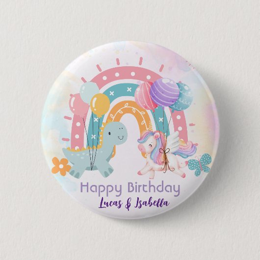 ピンクかわいいユニコーン恐竜の虹の誕生日パーティー 缶バッジ (正面)