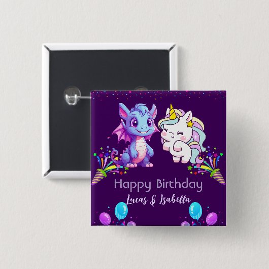 ピンクかわいいユニコーン恐竜の虹の誕生日パーティー 缶バッジ (正面&裏面)