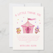 ピンクかわいいユニークサーカスベアーモンキーベビーシャワー サンキューカード (正面)