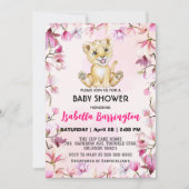 ピンクかわいいライオンは野生の花の赤ちゃんシャワー子供 招待状 (正面)