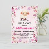 ピンクかわいいラム羊の花フローラ赤ちゃんシャワー子供 招待状 (スタンド正面)