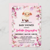 ピンクかわいいラム羊の花フローラ赤ちゃんシャワー子供 招待状 (正面/裏面)