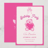 ピンクかわいい人形のハート誕生日 招待状 (正面/裏面)