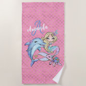 ピンクかわいい人魚カスタム女の子 ビーチタオル (正面)