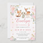 ピンクかわいい冬の森の誕生日の女の子の招待 招待状 (正面)