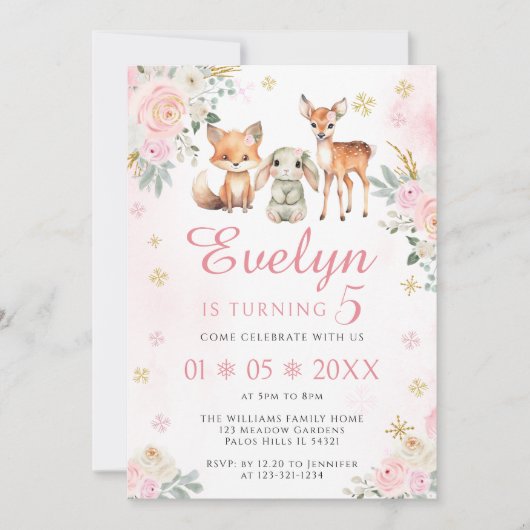 ピンクかわいい冬の森の誕生日の女の子の招待 招待状 (正面)