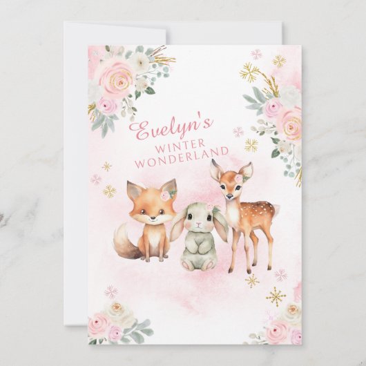 ピンクかわいい冬の森の誕生日の女の子の招待 招待状 (裏面)