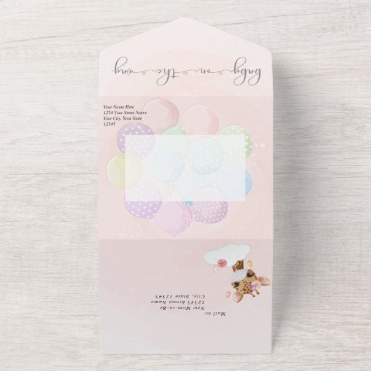 ピンクかわいい動物のマスクを使ったバーチャル赤ちゃんシャワー オールインワン招待状 (外側)