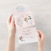 ピンクかわいい動物のマスクを使ったバーチャル赤ちゃんシャワー オールインワン招待状 (貼ってはがせる)