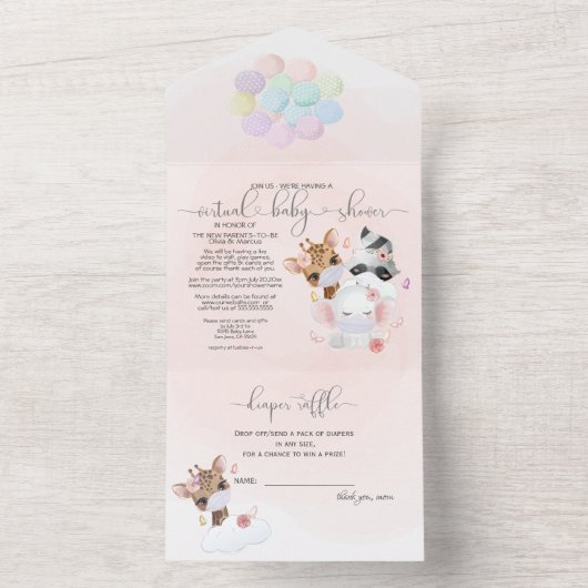ピンクかわいい動物のマスクを使ったバーチャル赤ちゃんシャワー オールインワン招待状 (内側)