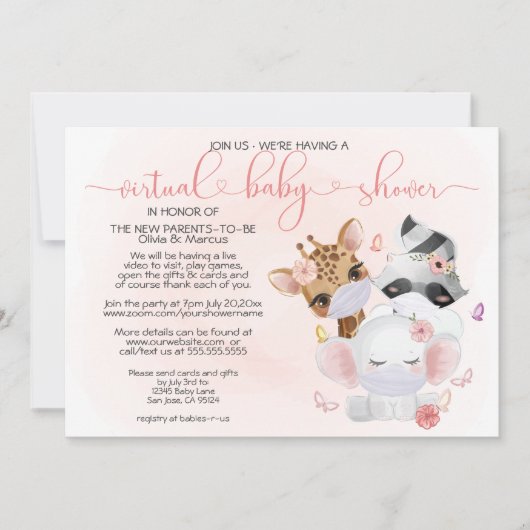 ピンクかわいい動物のマスクを使ったバーチャル赤ちゃんシャワー 招待状 (正面)