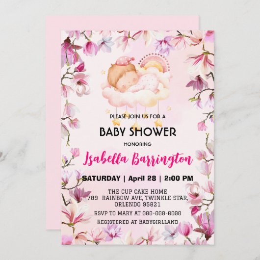 ピンクかわいい女の子の甘い夢の花の赤ちゃんシャワー子供 招待状 (正面/裏面)