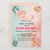 ピンクかわいい女の子の葉の花赤ちゃんシャワー子供 招待状 (正面/裏面)