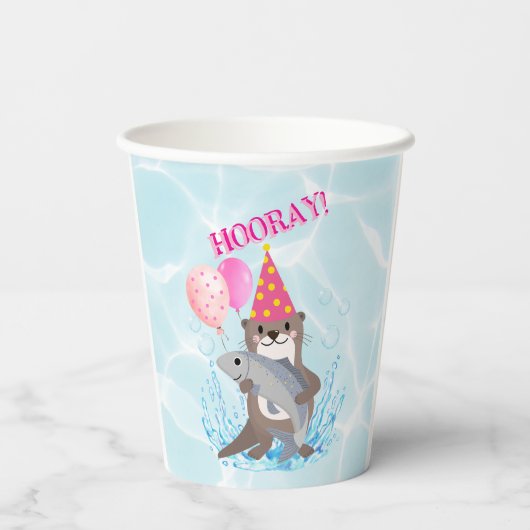 ピンクかわいい女の子シーオッター誕生日パーティー 紙コップ (裏面)