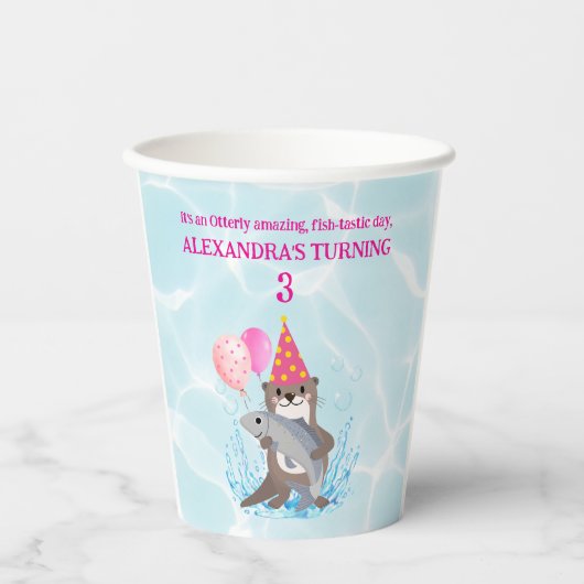 ピンクかわいい女の子シーオッター誕生日パーティー 紙コップ (正面)