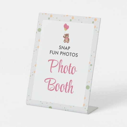 ピンクかわいい女の子テディベア赤ちゃんシャワー写真ブース 台座サイン (正面)