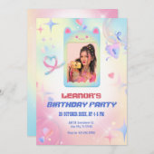 ピンクかわいい子猫のフォトフレームy2k誕生日 招待状 (正面/裏面)