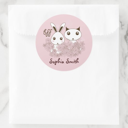 ピンクかわいい子猫バニー動物の友人の子供の名前 ラウンドシール (バッグ)