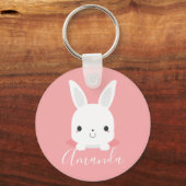 ピンクかわいい小さなバニーラビットと名前をカスタムする キーホルダー (正面)