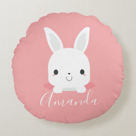 ピンクかわいい小さなバニーラビットと名前をカスタムする ラウンドクッション (正面)