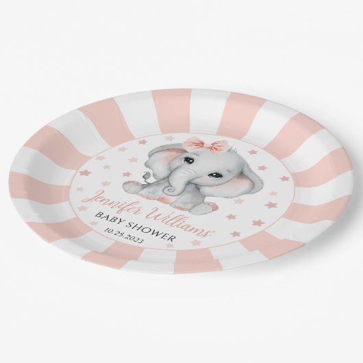 ピンクかわいい小さなピーナッツ象の赤ちゃんシャワー ペーパープレート (アングル)
