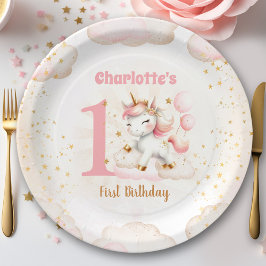 ピンクかわいい幸せユニコーン女の子1st誕生日 ペーパープレート