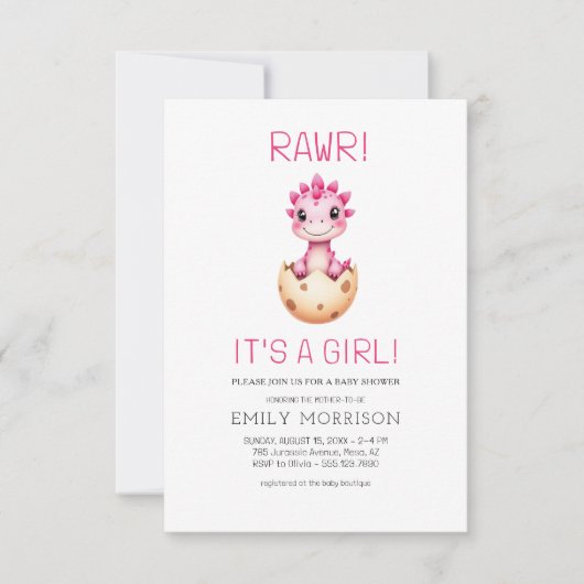 ピンクかわいい恐竜の赤ちゃんシャワー 招待状 (正面)