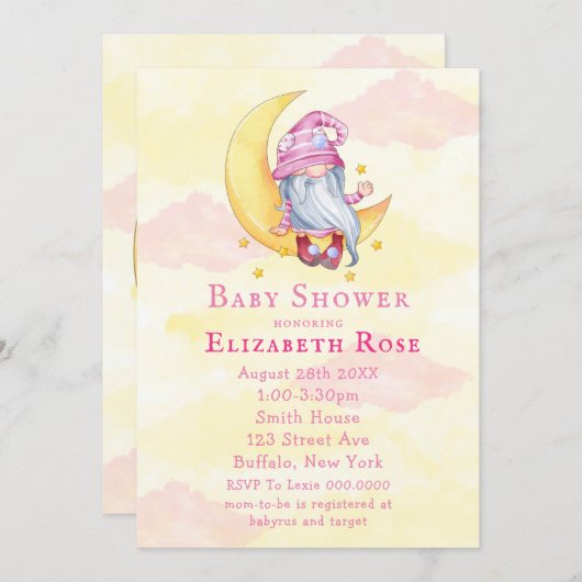 ピンクかわいい格言ムーンクラウドベビーシャワー招待状 (正面/裏面)