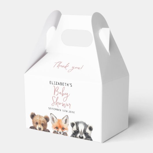 ピンクかわいい水彩木版動物赤ちゃんシャワー フェイバーボックス (正面サイド)