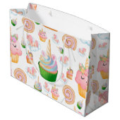 ピンクかわいい水色誕生日カップケーキユニコーン ラージペーパーバッグ (裏面アングル)