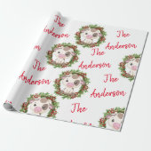 ピンクかわいい牛のクリスマスのリースパーソナライズされた名 ラッピングペーパー (アンロールド)