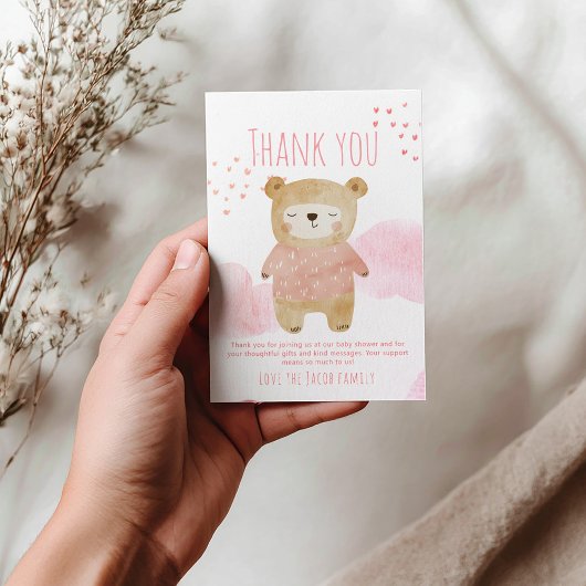 ピンクかわいい眠るベビークマハートと雲 サンキューカード