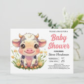 ピンクかわいい納屋周囲の庭カウベビーシャワー 招待状 (スタンド正面)
