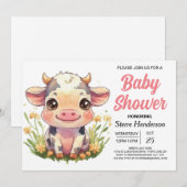ピンクかわいい納屋周囲の庭カウベビーシャワー 招待状 (正面/裏面)