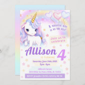 ピンクかわいい虹のユニコーン誕生日の招待状 招待状 (正面/裏面)