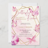 ピンクかわいい蝶のキス&ベビーの願い 招待状 (正面)