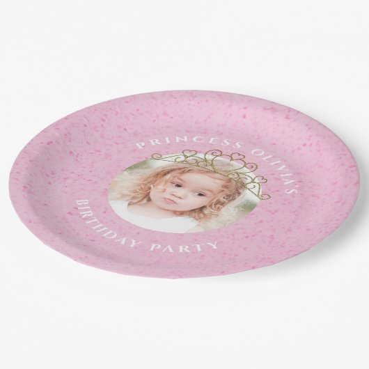 ピンクかわいい誕生日フォトプリンセスティアラシンプル ペーパープレート (アングル)