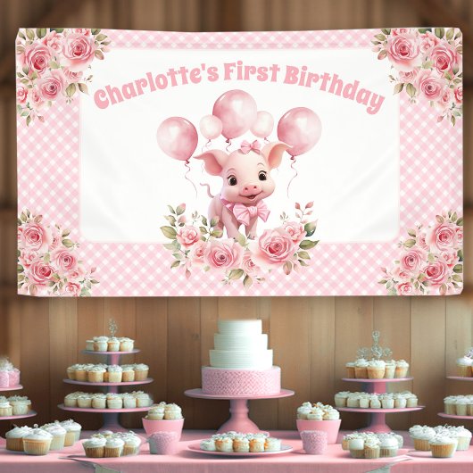 ピンクかわいい豚のファームガール1st誕生日パーティーバナー 横断幕