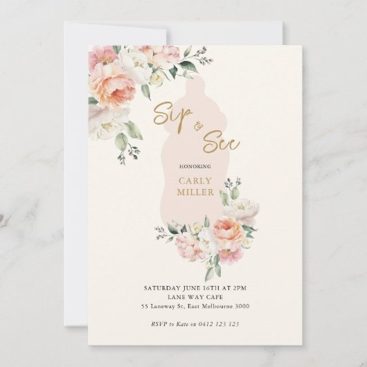 ピンクかわいい赤ちゃん女の子の口とボトルの赤ちゃんシャワーを参照 招待状 (正面)