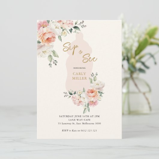 ピンクかわいい赤ちゃん女の子の口とボトルの赤ちゃんシャワーを参照 招待状 (スタンド正面)