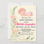 ピンクかわいい赤ちゃん女の子チューリップ花赤ちゃんシャワー子供 招待状 (正面)