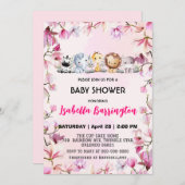 ピンクかわいい野生のカブサファリの花の赤ちゃんシャワーキッズ 招待状 (正面/裏面)