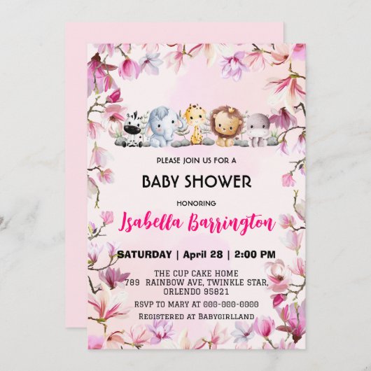 ピンクかわいい野生のカブサファリの花の赤ちゃんシャワーキッズ 招待状 (正面/裏面)