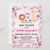 ピンクかわいい野生のカブサファリの花ベビーシャワーの子供 招待状 (正面)