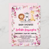 ピンクかわいい野生のカブサファリの花ベビーシャワーの子供 招待状 (正面/裏面)