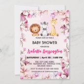 ピンクかわいい野生のカブサファリの花ベビーシャワーの子供 招待状 (正面)