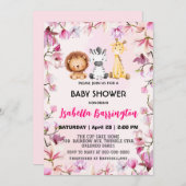 ピンクかわいい野生のカブサファリの花ベビーシャワーの子供 招待状 (正面/裏面)